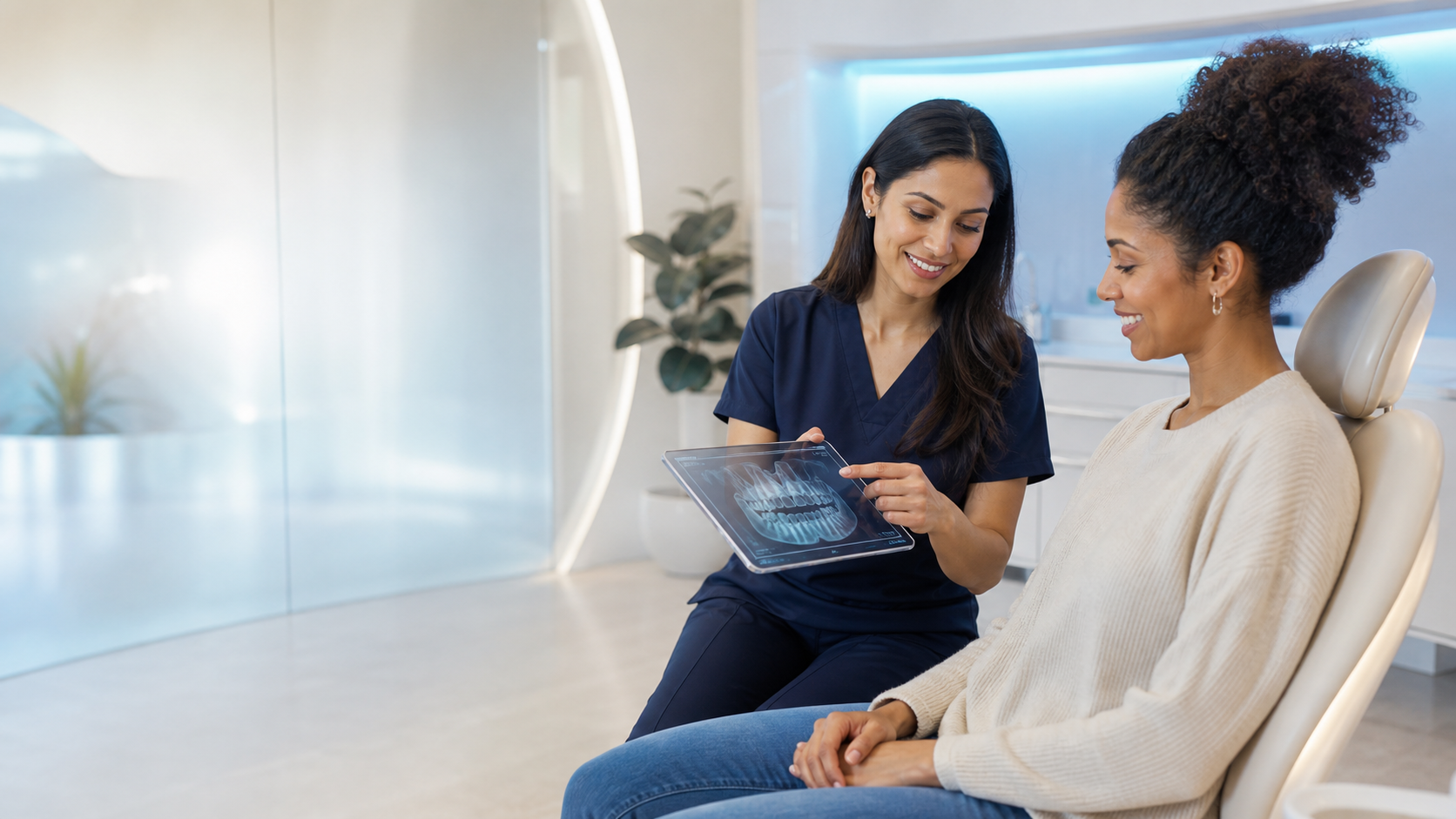 Patient consulting with a dentist in a bright modern clinic